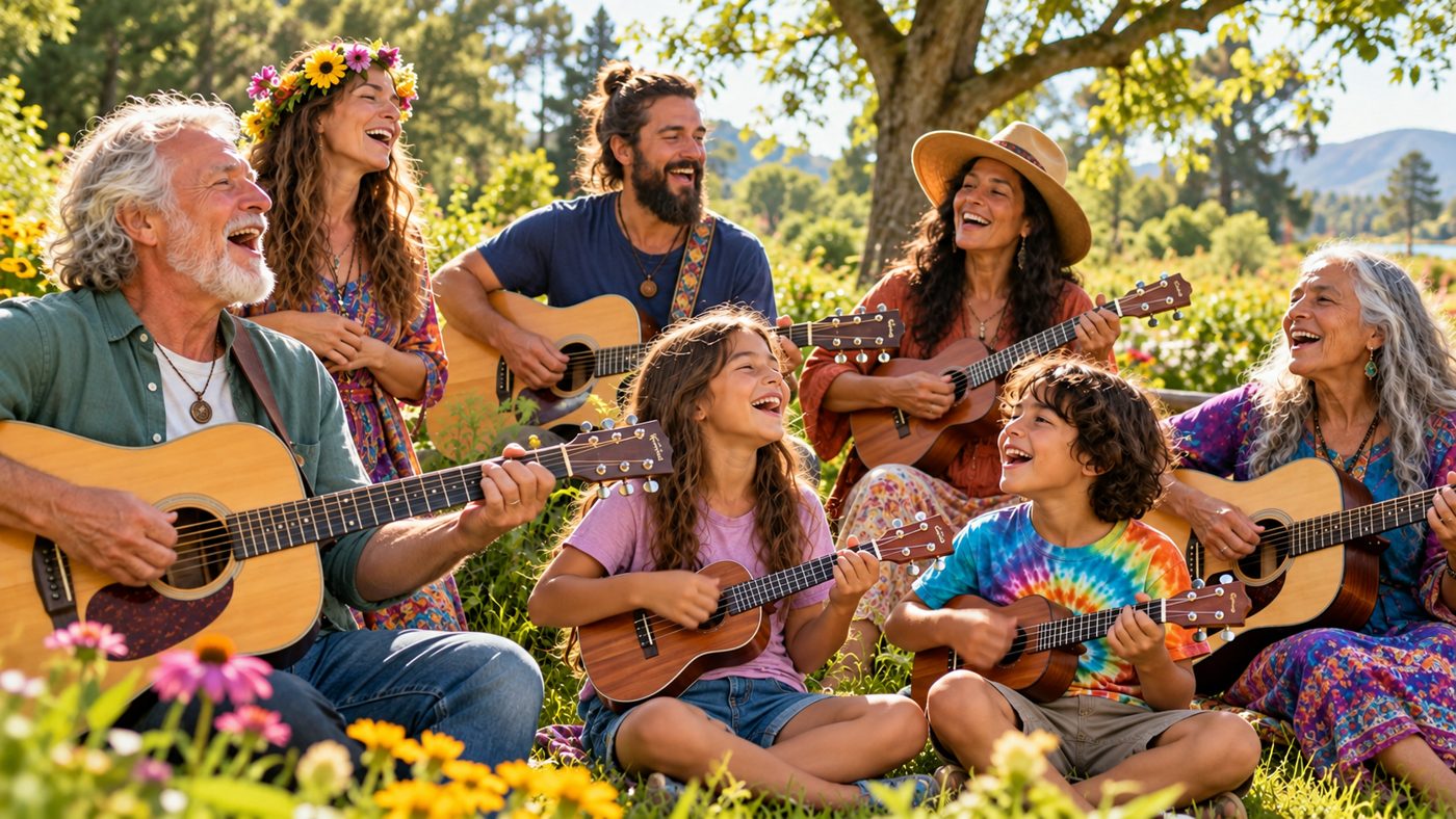 A multigenerational acoustic guitar and ukulele jam among flowers
