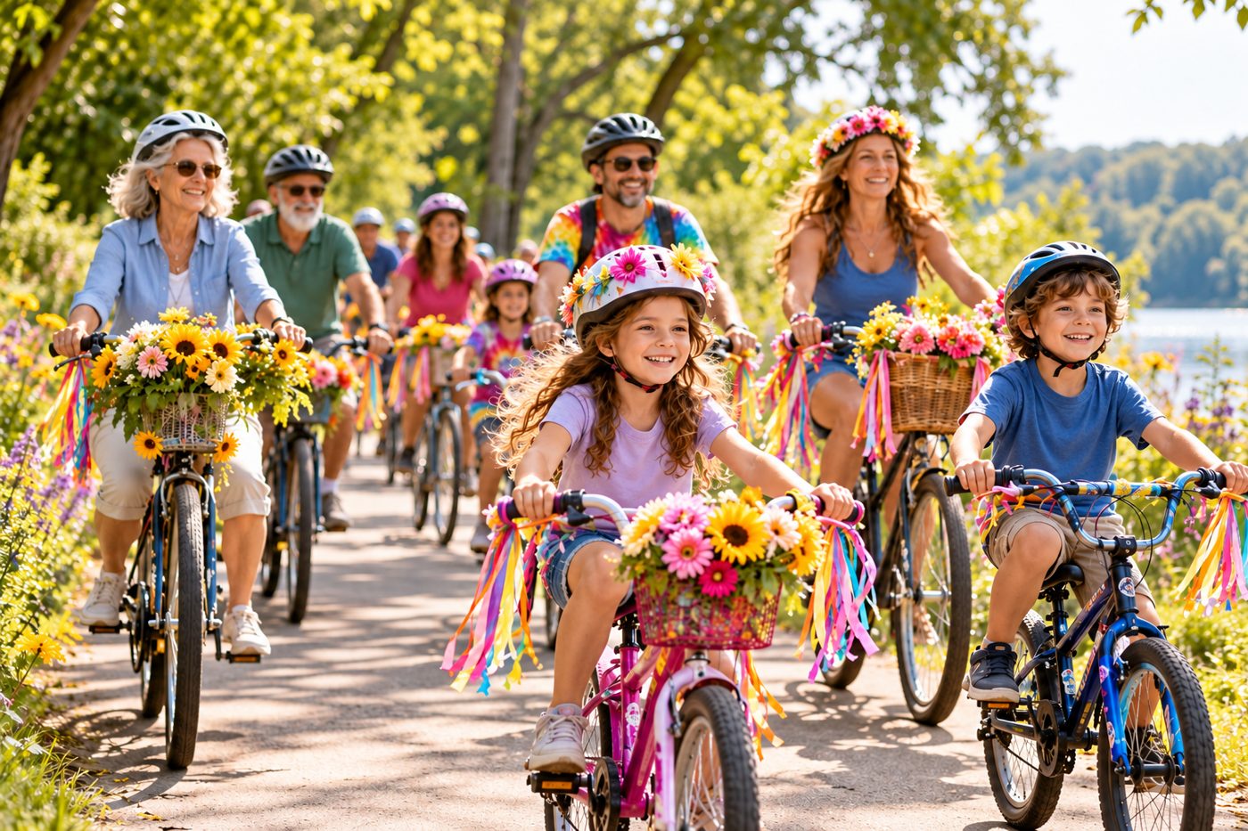 Families riding flower-decorated bicycles on a park path