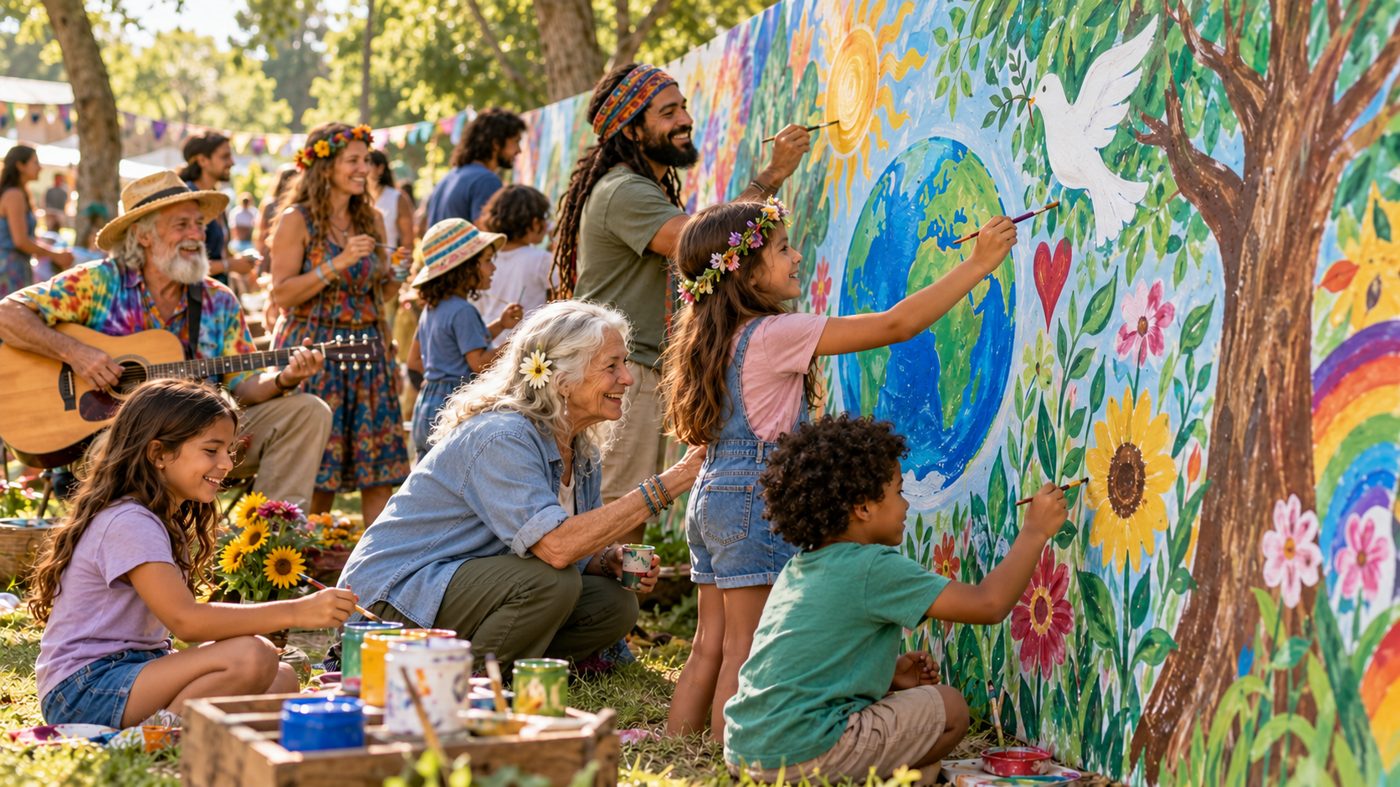 Children and adults painting a nature-themed community mural