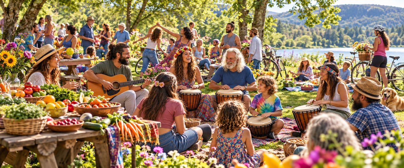 An outdoor community festival with bicycles hand drums guitars and fresh whole foods