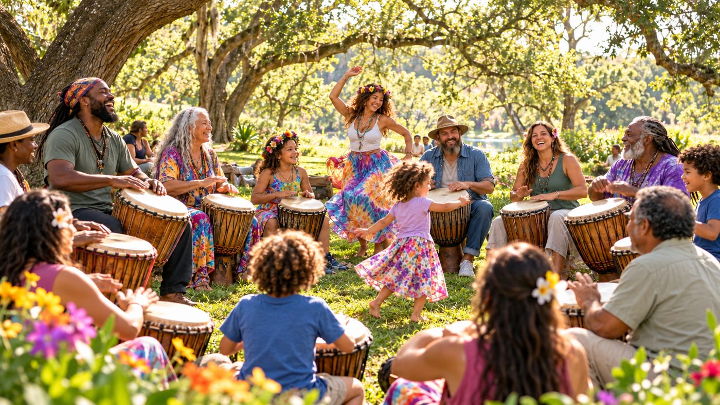 People of all ages drumming and dancing in a sunny park