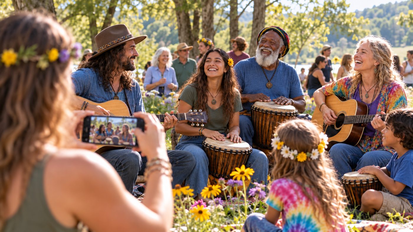 A participant filming an outdoor acoustic jam