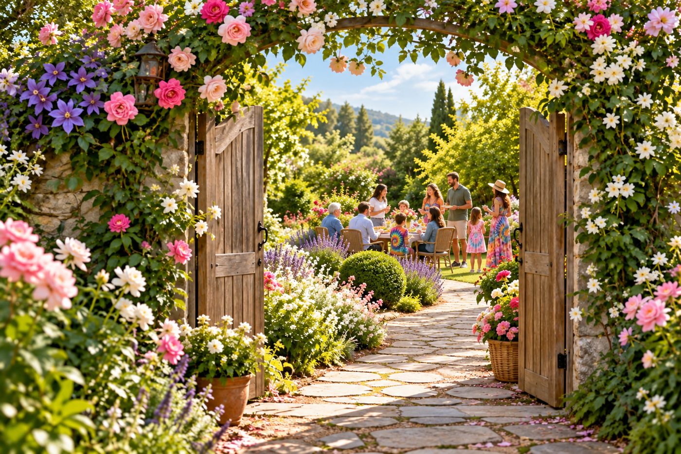 An open garden gate beneath a colorful floral arch welcomes visitors into a sunny garden