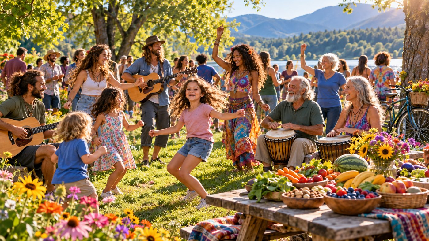 A park celebration with music dancing and fresh whole foods